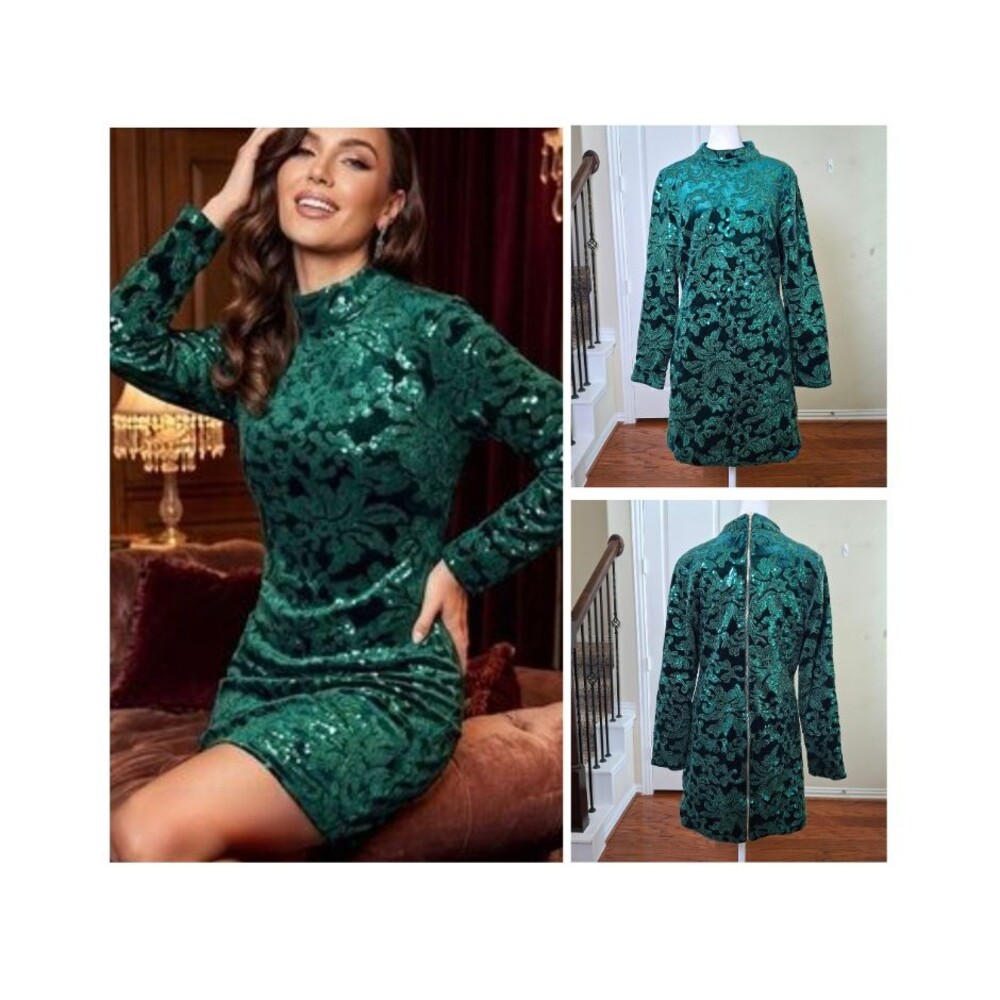 VENUS Velvet Sequin Mini Dress Green Women 10 Cocktail Holiday Christmas Party